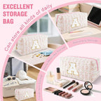 Personalized Quilted Cosmetic Bag, Puffy Monogrammed Christmas Birthday Gifts for Women & Girls, Cute initial Floral Makeup Bag Puffer Coquette Bag, Aesthetic Travel Toiletry Zipper Pouch(Pink,A)