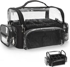 Makeup Brush Bag, Makeup Brush Case for Makeup Artist with Plastic Dividers Washable, Portable Travel Makeup Train Case with Clear Waterproof Cover for Easy to Clean and Find with Adjustable Strap