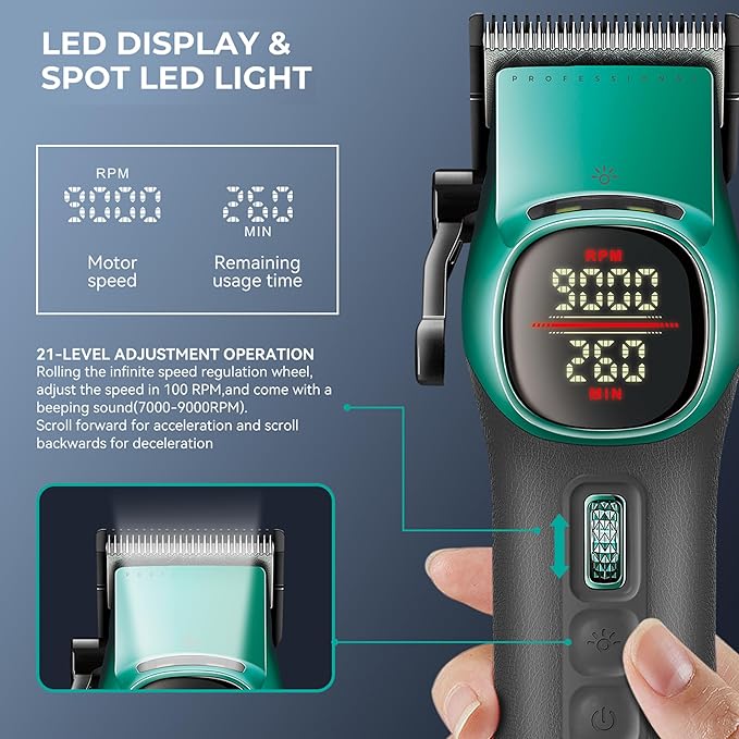 VGR 885 S2 Cordless Barber Clippers and Trimmers Kit, Professional Hair Clippers for Men, Haircut Kit with DLC-Coated Ceramic Blades, 21-Speed Roller, 2 Magnetic Charging Bases, LED Display, Green
