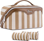 BOYATU Travel Makeup Bag for Women: Large Cosmetic Bag Set of 3 - PU Leather Make up Bag with Compartments - Compact Waterproof Toiletry Bag with Divider & Handle (B-5-Brown)