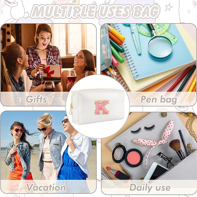 Initial Makeup Bag Personalized Preppy Travel Small Cosmetic Bag Cute PU White Chenille Letter Makeup Pouch for Purse Waterproof Zippered Toiletry Organizer for Women Girls Kids Friends (K)