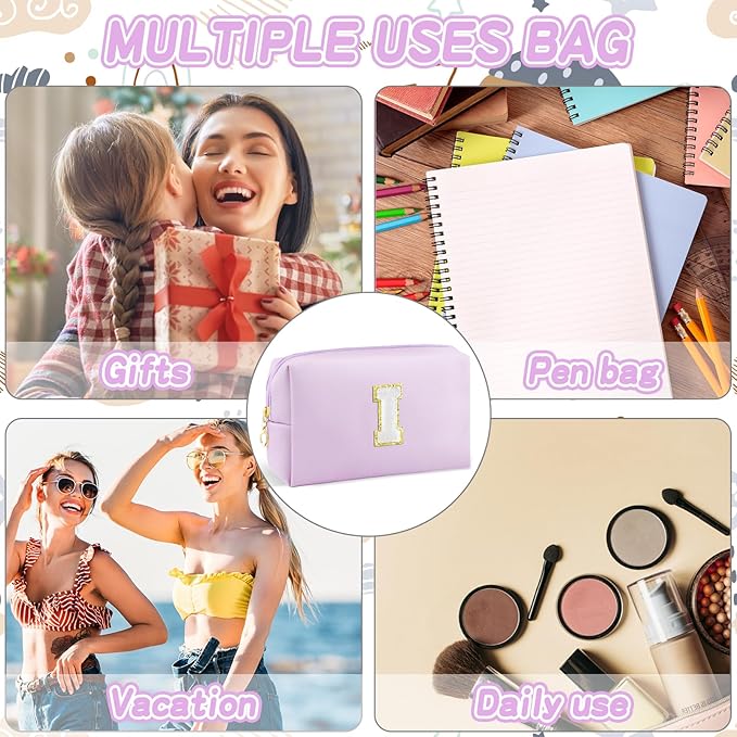 Gifts for Girls Initial Makeup Bag Personalized Cosmetic Bag with Zipper Cute Travel Toiletry Bag Waterproof PU Preppy Makeup Pouch Birthday Gift for Teen Girls Women(Purple I)