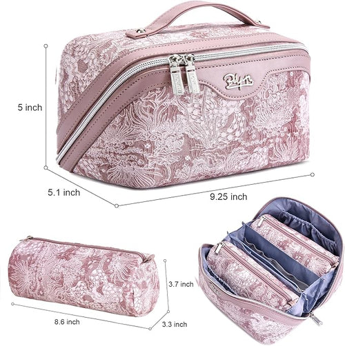 BOYATU Travel Makeup Bag for Women: Large Capacity Make up Bag with Compartments - Vegan Leather Cosmetic Bag set of 3 - Waterproof Toiletry Bag with Handle & Divider(E-1-Purple)