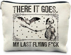 Halloween Makeup Bag, Goth Skeleton & Bat Design, White, Waterproof Linen Cosmetic Bag for Women