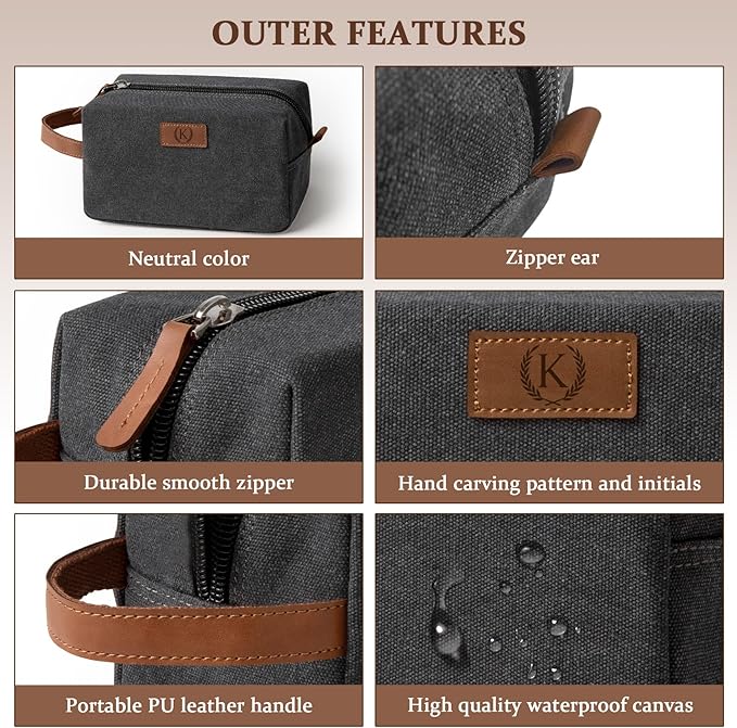 Janhavi Waterproof Personalized Toiletry Bag for Men, Beach Vacation Travel Essentials,Toiletry Bag with Hook, Laser Engraved Initials & Wheat Ear,Gifts For Him, Gifts For Husband(Dark Grey C)