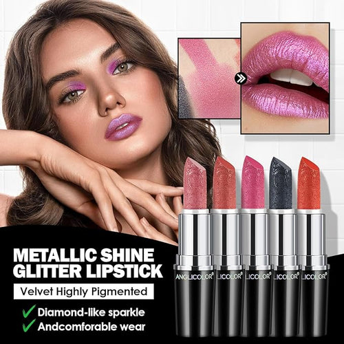Anglicolor Glitter Metallic Pink Purple Lipstick,High Impact Lipcolor,Lightweight Hydrating Formula Smooth and Non-Sticky,Violet Lipstick For Women,Full-Coverage Lip Makeup(06 RED VIOLET, 4g)