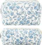 2Pcs Floral Makeup Bag for Women Cotton Quilted Small Coquette Cosmetic Bag Cute Zipper Blue Flower Makeup Pouch Aesthetic Portable Pencil Case Travel Toiletry Bag Trendy Cloth Skincare Bag