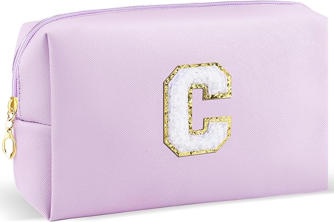 Gifts for Girls Initial Makeup Bag Personalized Cosmetic Bag with Zipper Cute Travel Toiletry Bag Waterproof PU Preppy Makeup Pouch Birthday Gift for Teen Girls Women(Purple C)