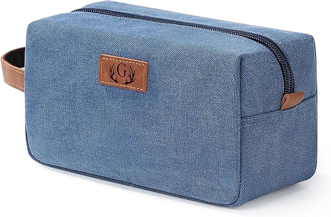 Janhavi Gifts for Husband, Waterproof Canvas Bag with Engraved Initials & Wheat Ear, Makeup Organizer Foldie Travel Bag Expandable, Men's Accessories Organizer, Mens Travel Bag Toiletry (Blue G)