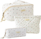 HBselect Quilted Makeup Bag, 3PCS Cotton Large Travel Makeup Bag, Cute Floral Coquette Make up Bag Cosmetic Bag Toiletry Bag for Women Girls