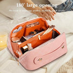 Abiudeng Travel Makeup Bag Large Capacity Toiletry Bag Cosmetic Bags for Travel Essentials,Waterproof Portable Pouch Open Flat Makeup bag Organizer with Divider and Handle(Checkered-Pink)