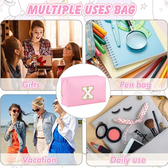 Initial Makeup Bag Personalized Preppy Travel Small Cosmetic Bag Cute PU Pink Chenille Letter Makeup Pouch for Purse Waterproof Zippered Toiletry Organizer for Women Girls Kids Friends (X)