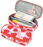 mibasies Girls Pencil Case for Kids, Multi-Slot Pencil Pouch, Strawberry Checkerboard Red