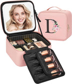 Relavel Initial Makeup Bag with LED Mirror for Women Girls, Personalized Travel Cosmetic Organizer Train Case, Birthday Gifts for Grandkids Bridesmaid Graduation Teacher Friends, Trendy Stuff, Pink D
