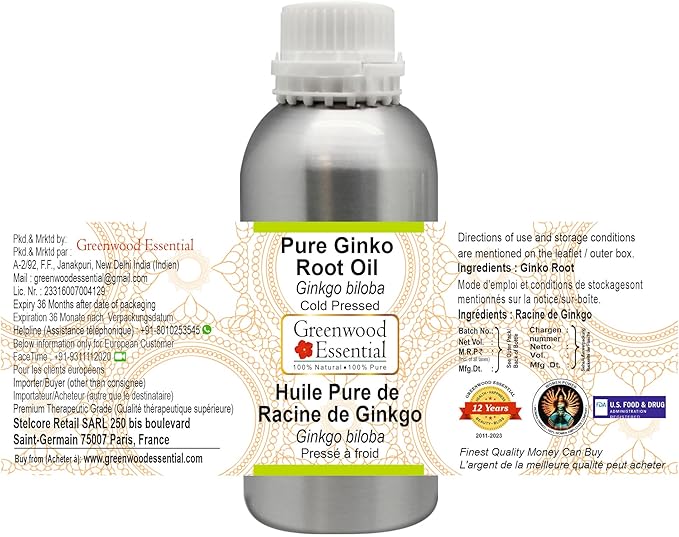Greenwood Essential Pure Ginko Root Oil (Ginkgo biloba) Natural Therapeutic Grade Cold Pressed 1250ml (42 oz)