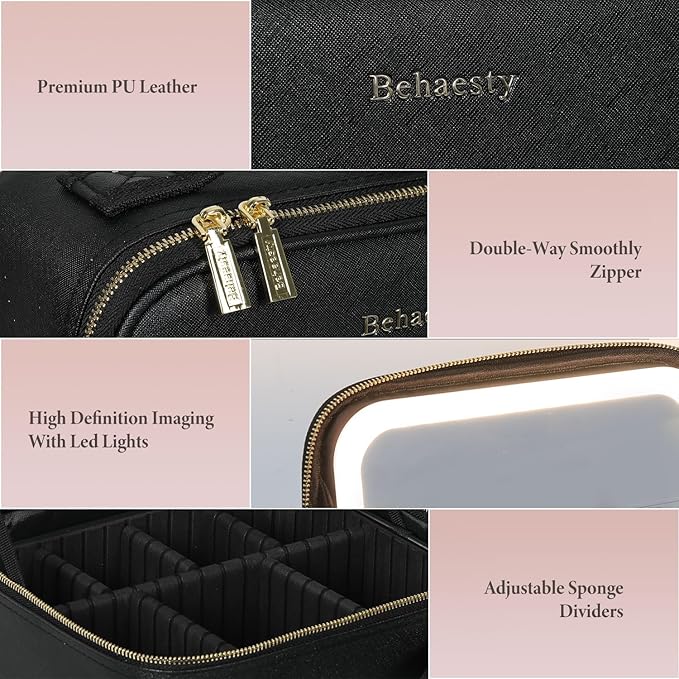 Travel Makeup Bag with LED Lighted Mirror, Cosmetic Makeup Organizer Bag with 3 Color Setting, Makeup Train Case with Adjustable Dividers for Women Makeup Brushes Jewelry Accessories (Black)
