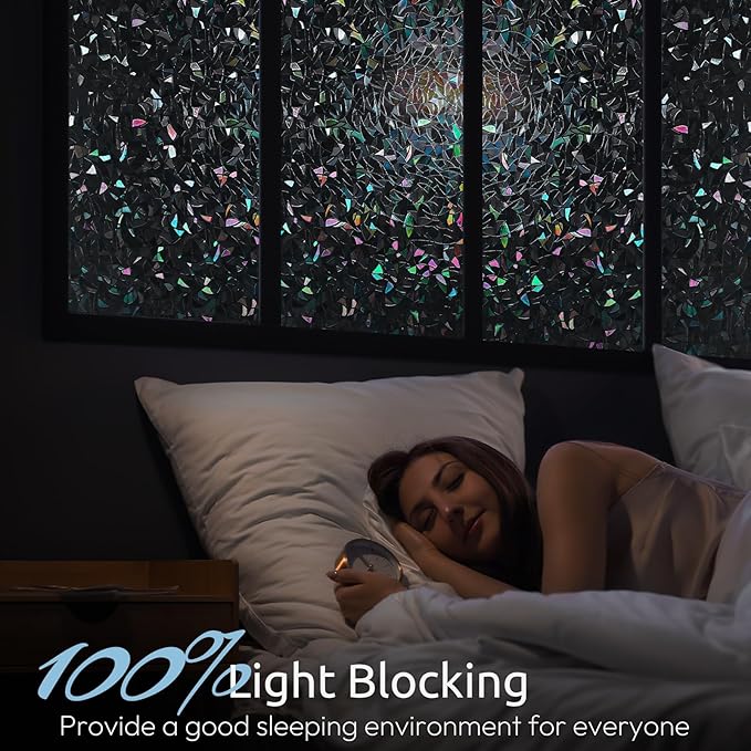 rabbitgoo Window Privacy Film Rainbow Film Decorative Window Sticker, 3D Static Stained Glass Cling Tint for Room Darkening Day Sleep, Black, 17.5 x 118.1 inches