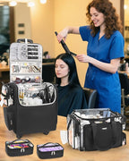 Relavel Rolling Makeup Train Case with Large Clear Makeup Bag, Hairstylist Traveling Bag with 4 Wheels, Cosmetic Storage Organizer Hair Stylist Travelling Bag with Adjustable Dividers & Shoulder Strap