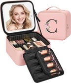 Relavel Initial Makeup Bag with LED Mirror for Women Girls, Personalized Travel Cosmetic Organizer Train Case, Birthday Gifts for Grandkids Bridesmaid Graduation Teacher Friends, Trendy Stuff, Pink C