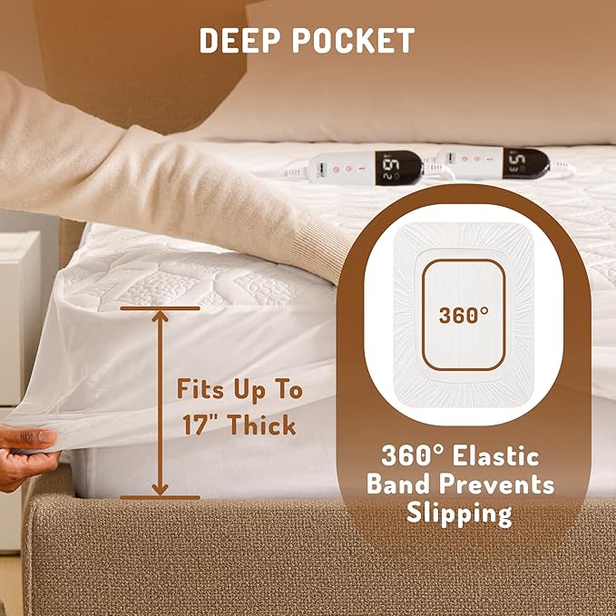 Queen Size Heated Mattress Pad - Degrees of Comfort Electric Bed Warmer with Dual Controllers, 6 Heating Levels, 10-Hour Auto Shut-Off, Breathable Air-Layer, 60"x80"