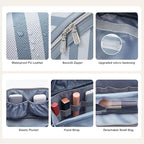 BOYATU Travel Makeup Bag for Women: Large Cosmetic Bag Set of 3 - PU Leather Make up Bag with Compartments - Compact Waterproof Toiletry Bag with Divider & Handle (B-2-Blue)