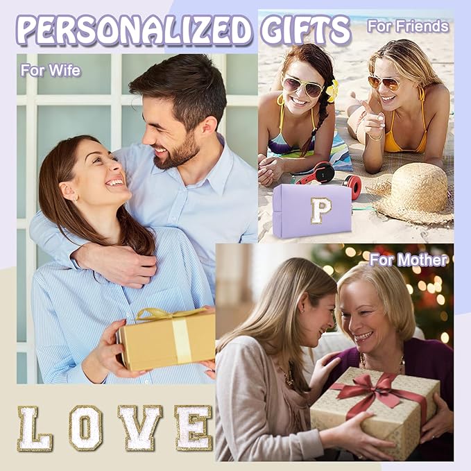 Personalized Initial Preppy Makeup Bag Organizer, Small Purple Cosmetic Bag Travel Toiletry Zipper Pouch for Purse, Portable Waterproof PU Monogram Make Up Case Party Gifts for Women Friends(Letter P)