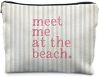 Coastal Beach Makeup Bag, Meet Me at the Beach Cosmetic Bags for Women, Gifts for Ocean Lovers, Preppy Cute Blue Striped Beachy Nautical Zipper Makeup Pouch