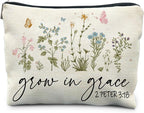 Christian Floral Makeup Bag Pouch, Grow in Grace 2 Peter 3:18, Religious Christian Gifts for Women, Bible Verse Gifts, Bible Verse Cosmetic bag