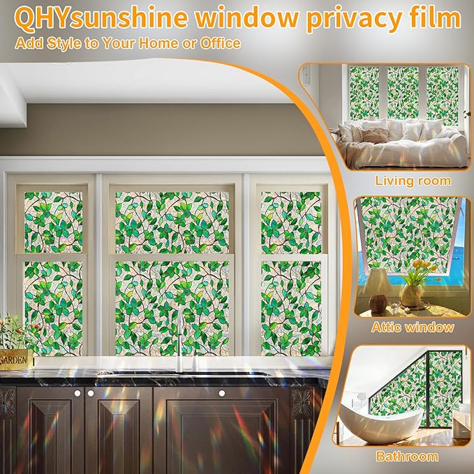 Stained Glass Window Privacy Film Decorative Rainbow Static Clings – Ideal for Home & Office, Adhesive-Free, Removable, UV-Blocking (Green Rainbow, 35.4 X 78.7 in)