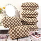 SOIDRAM Checkered Makeup Bag Preppy Cosmetic Bag Bulk Brown Makeup Pouch Personalize Travel Toiletry Bag Organizer Cute DIY Makeup Brushes Storage Bag for Women
