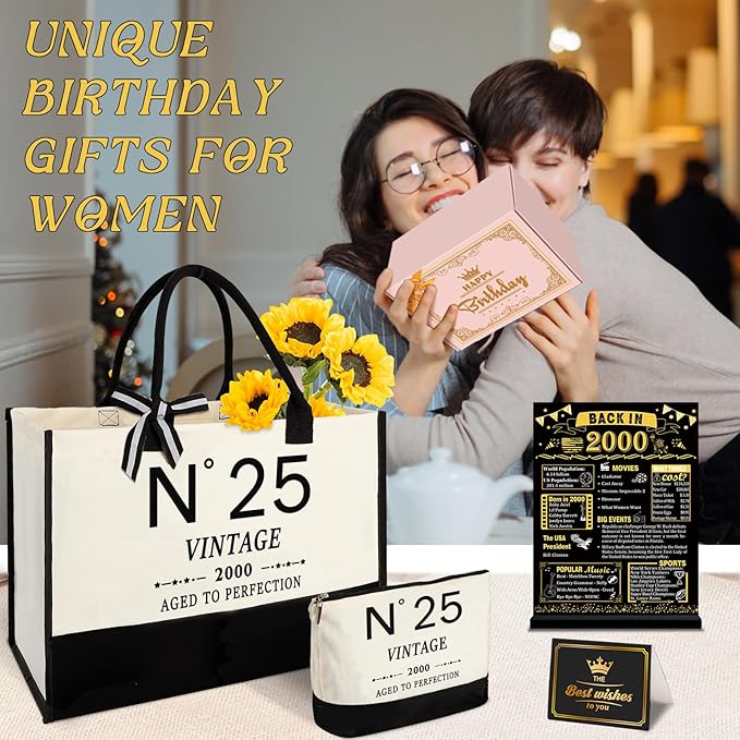 25th Birthday Gifts for Women Canvas Tote Bag Travel Gear,Unique 25 Years Old Gifts for Girlfriend Sister Coworker Friends Classmate Her, Vintage N°25 Handbag & Cosmetic Bag & Back in 2000 Poster