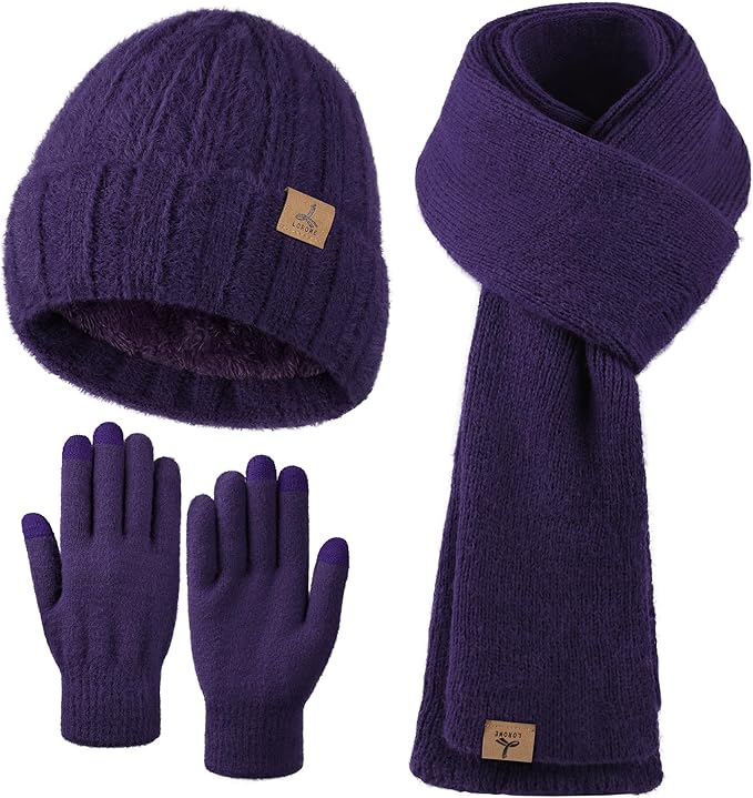 Winter Beanie Hat Scarf Gloves, Warm Fleece Knit Hat Long Scarf Neck Warmer Touch Screen Winter Gloves Set Gifts for Women