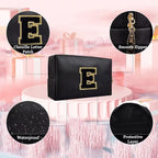 Small Personalized Letter Makeup Bag, Cute PU Leather Chenille Letters Cosmetic Bag Travel Makeup Pouch, Preppy Travel Organizer Zipper Pouch for Women&Girls（Black-E）