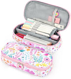 mibasies Girls Pencil Case for Kids, Multi-Slot Pencil Pouch, Flower Pink White