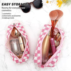 ZLFSRQ 2Pcs Checkered Pencil Case Cute Pencil Pouch for Teens Pink Checkered Makeup Bag Travel Cosmetic Bag Set Cute Preppy Makeup Pouch for Purse Portable Zippered Skincare Toiletry Bags Organizer
