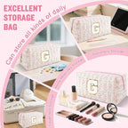 Personalized Quilted Cosmetic Bag, Puffy Monogrammed Christmas Birthday Gifts for Women & Girls, Cute initial Floral Makeup Bag Puffer Coquette Bag, Aesthetic Travel Toiletry Zipper Pouch(Pink,G)