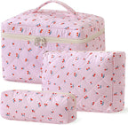 HBselect Quilted Makeup Bag, 3PCS Cotton Large Travel Makeup Bag, Cute Floral Coquette Make up Bag Cosmetic Bag Toiletry Bag for Women Girls
