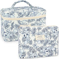 2Pcs Cotton Quilted Makeup Bag for Women Girls Floral Travel Large Small Cosmetic Bag Set Cute Vintage Flower Makeup Pouch Portable Toiletry Bag Organizer Coquette Aesthetic Makeup Brush Bag