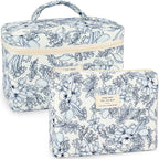 2Pcs Cotton Quilted Makeup Bag for Women Girls Floral Travel Large Small Cosmetic Bag Set Cute Vintage Flower Makeup Pouch Portable Toiletry Bag Organizer Coquette Aesthetic Makeup Brush Bag