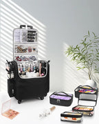 Relavel Rolling Makeup Train Case with 4 Pcs Clear Makeup Bags, Hairstylist Traveling Bag with 4 Wheels, Heat Insulation Full Layer, Adjustable Dividers, Hair Tools and Cosmetics Storage Organizer