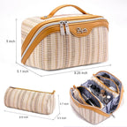 BOYATU Travel Makeup Bag for Women: Large Capacity Open Flat Make up Bag Set of 3 - Vegan Leather Cosmetic Bag with Compartments - Waterproof Toiletry Bag with Handle & Divider(I-4-Gold)