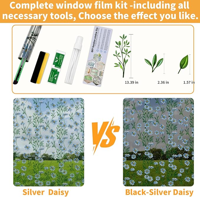 One Way Privacy Film, Window Tint for Home,Daytime Reflective, Anti UV Static Cling Sliding Door Coverings No Glue Garage Solar Paper (Black - Silver-Daisy, 17.5 x 78.7 in)