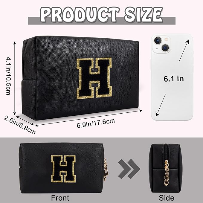 Personalized Chenille Letter Preppy Makeup Bag, Small Initial Black Travel Cosmetic Organizer Toiletry Zipper Pouch, Waterproof Monogram Makeup Storage Organizer Travel Essentials for Female(Letter H)