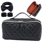 Makeup Bag, Travel Toiletry Bag for Women, Large Capacity Waterproof Rhombus Stitching PU Leather Cosmetic Bags Make Up Organizer Bags with Headband and Wristband Set (Black)