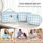 FAELBATY Checkered Makeup Bag, 3 Pack Large Travel Makeup Bag Set, Cosmetic Bag for Women (Blue)