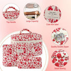 3Pcs Cotton Quilted Makeup Bag for Women Girls Large Small Travel Floral Cosmetic Bag Set Hot Pink Floral Print Zipper Make Up Pouch Aesthetic Cloth Flower Storage Toiletry Bags Organizer