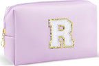 Gifts for Girls Initial Makeup Bag Personalized Cosmetic Bag with Zipper Cute Travel Toiletry Bag Waterproof PU Preppy Makeup Pouch Birthday Gift for Teen Girls Women(Purple R)