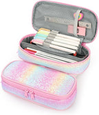 mibasies Girls Pencil Case for Kids, Multi-Slot Pencil Pouch, Pink Blue Rainbow