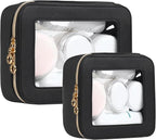 Leather Clear Makeup Bags Set - Travel Clear Cosmetic Bag Case with Zipper, Transparent TSA Approved Toiletry Bags for Travel Essentials Car Accessories for Women (Black, S+M)