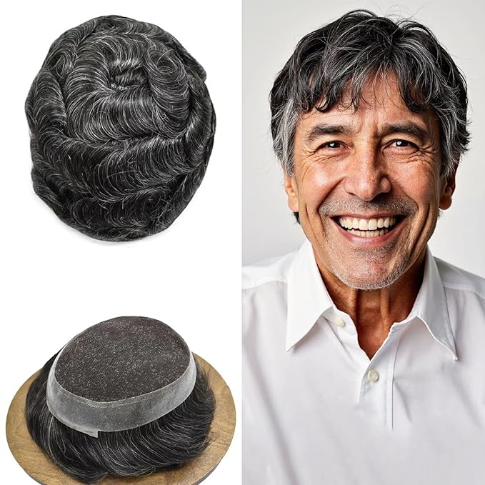 FACE MIRACLE Toupee for Men French Lace Hairpiece Human Hair Replacement System Skin PU Mens Toupee Hair Wigs for Man V-Looped Front Hair Prosthesis 6"X9" #1B40 1B# OFF BLACK WITH 40% SYNTHETIC GREY